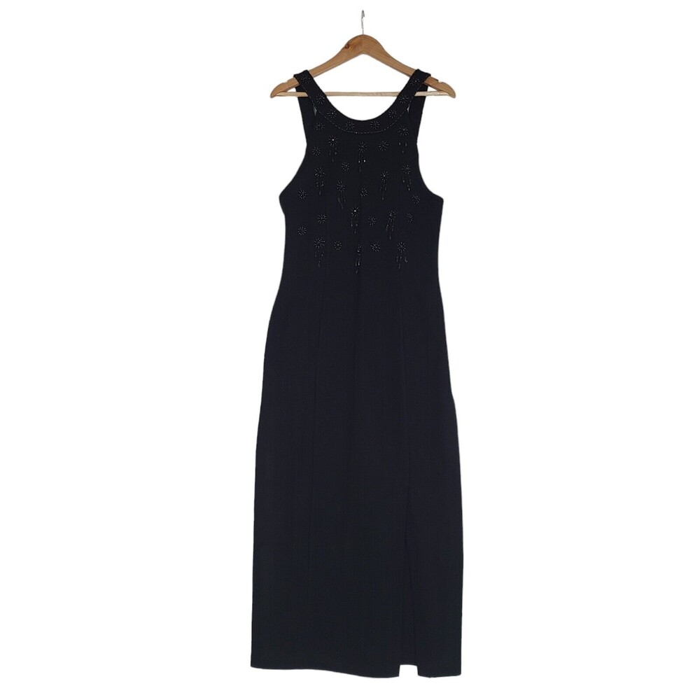 Vintage Nina Charles for Kasper ASL Knit Maxi Dress M Black Whimsygoth Formal